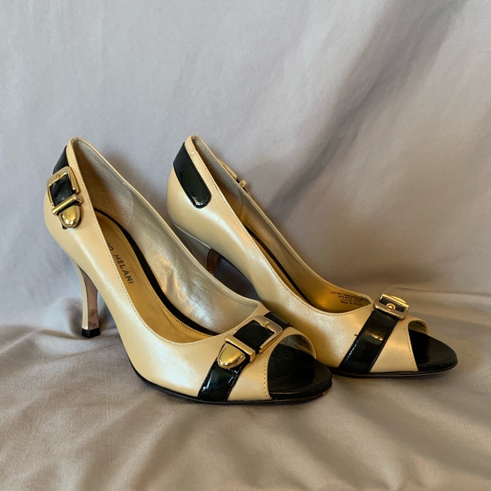 Antonio Melani Black and Gold Peep-Toe High Heels, Size 8